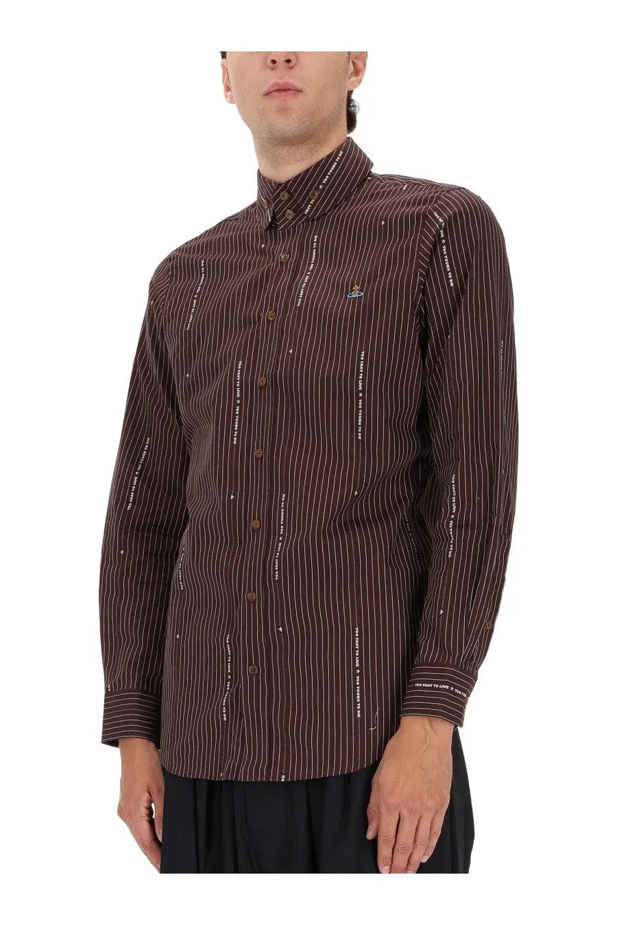 Vivienne Westwood men’s dark brown button-up shirt with thin stripes and embroidered logo on the left chest