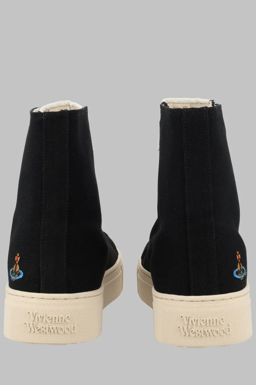 Vivienne westwood men’s black canvas high-top sneakers with cream rubber soles and embroidered logo details