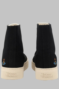 Vivienne westwood men’s black canvas high-top sneakers with cream rubber soles and embroidered logo details