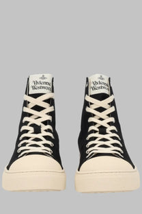Black high-top canvas sneakers with cream laces and soles featuring vivienne westwood label at the heel