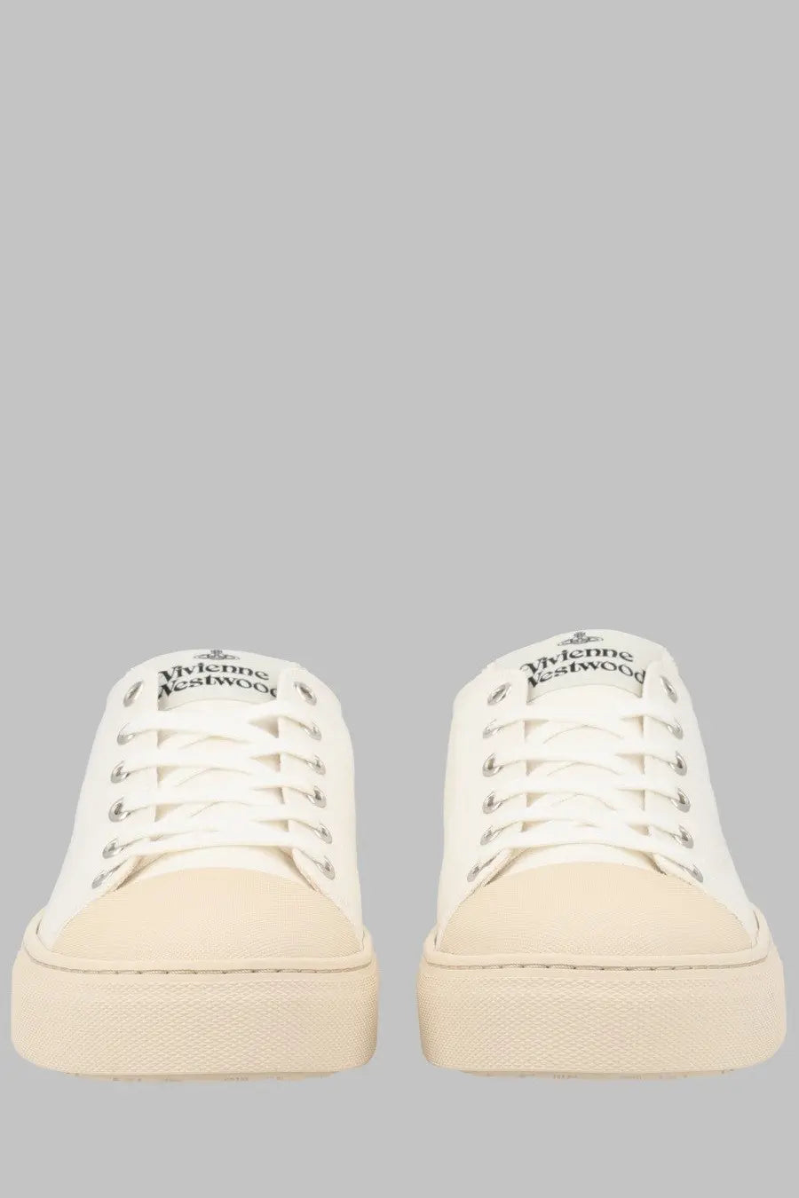 Vivienne Westwood men’s low top Primsoll white canvas sneakers with cream rubber soles and logo on the tongue