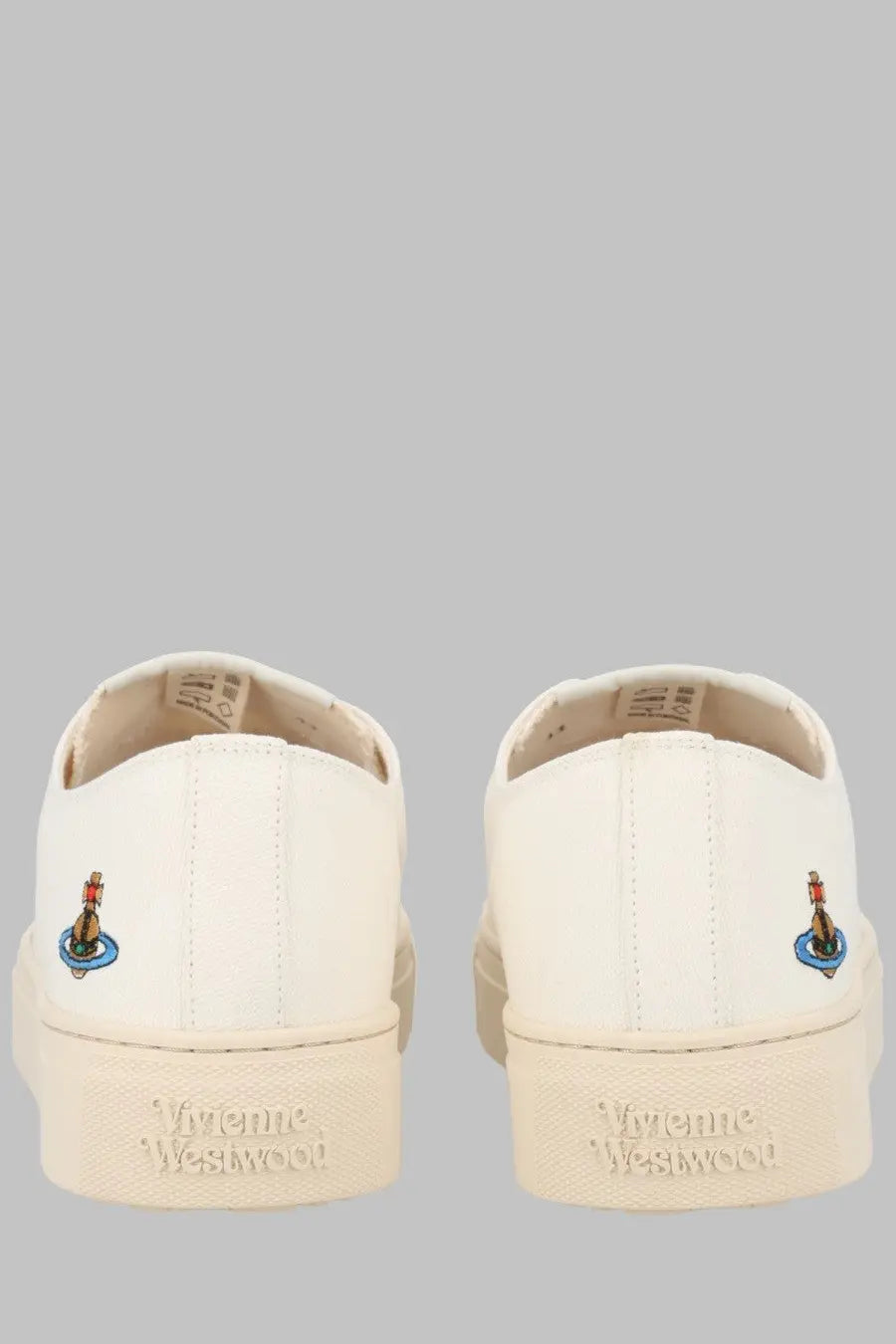 Back side of cream-colored vivienne westwood men sneaker low top primsoll slip-on with embroidered logo heel details