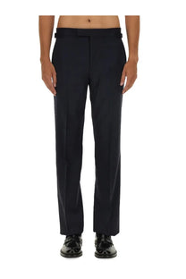 Vivienne Westwood men’s wool pants blue with black tailored trousers featuring a sleek straight-leg cut and front pleats