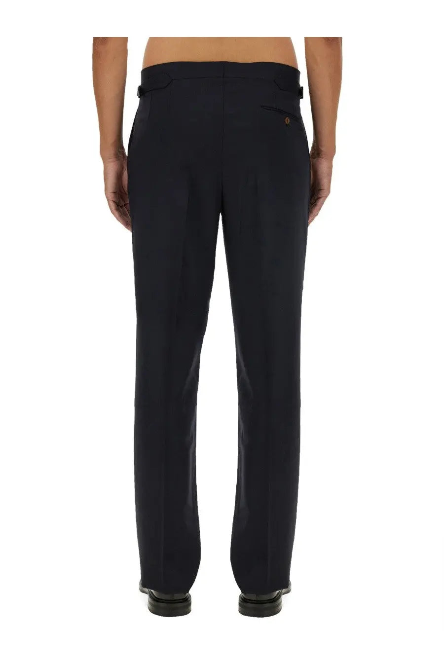 Vivienne westwood men’s wool pants blue shown from the back with black tailored straight-leg trousers and subtle pleats