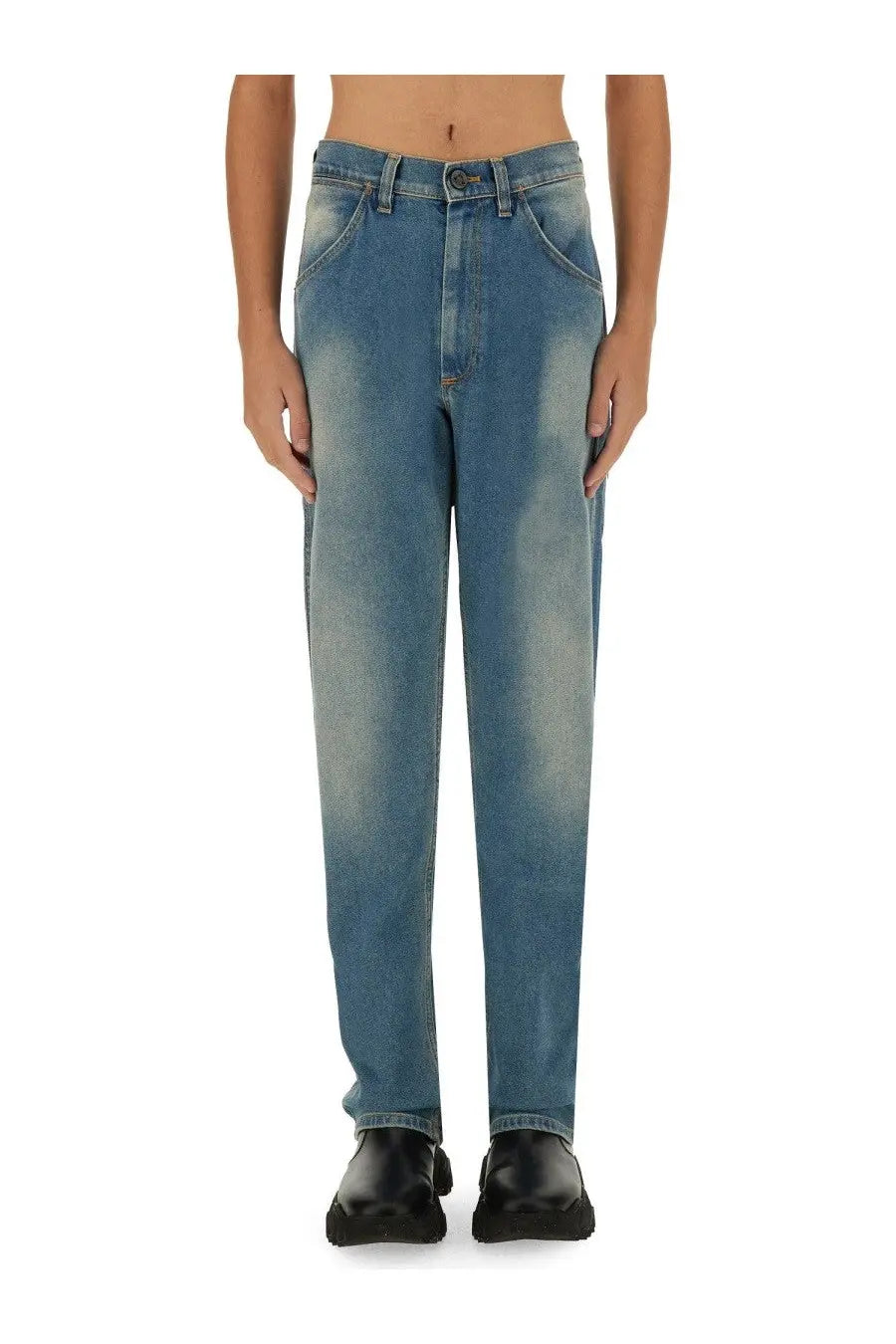Vivienne Westwood unisex baggy blue medium-wash denim jeans with high-rise fit and faded thigh distressing