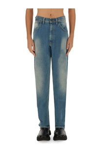 Vivienne Westwood unisex baggy blue medium-wash denim jeans with high-rise fit and faded thigh distressing