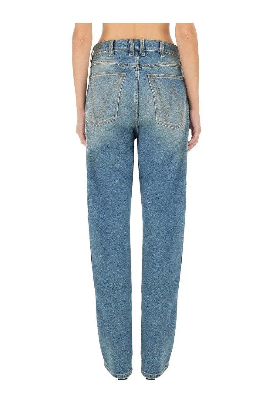 Vivienne Westwood unisex baggy medium-wash blue denim jeans with relaxed fit shown from the back with classic pockets