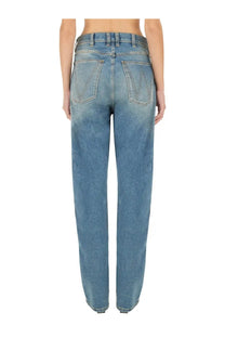 Vivienne Westwood unisex baggy medium-wash blue denim jeans with relaxed fit shown from the back with classic pockets