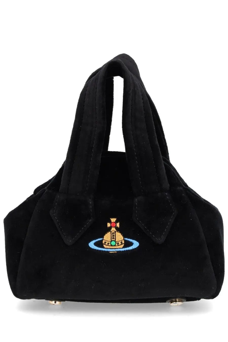 Vivienne Westwood unisex mini Yasmine black velvet handbag with embroidered golden orb logo and colorful gemstones