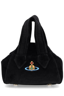 Vivienne Westwood unisex mini Yasmine black velvet handbag with embroidered golden orb logo and colorful gemstones