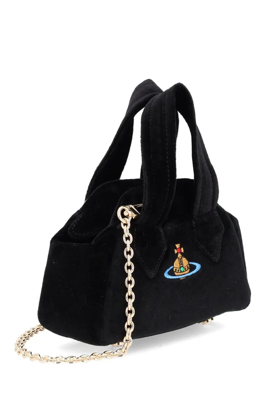 Vivienne Westwood unisex mini Yasmine black velvet handbag with gold-tone chain strap and embroidered logo