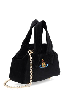 Vivienne Westwood unisex mini Yasmine black velvet handbag with gold-tone chain strap and embroidered logo