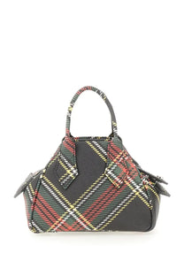 Vivienne Westwood unisex mini Yasmine bag in black leather with bold red green yellow and white plaid stripes
