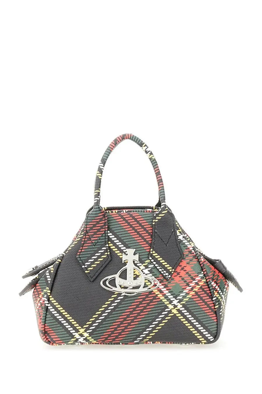 Vivienne Westwood unisex mini Yasmine bag in black red and green plaid with silver orb logo on front