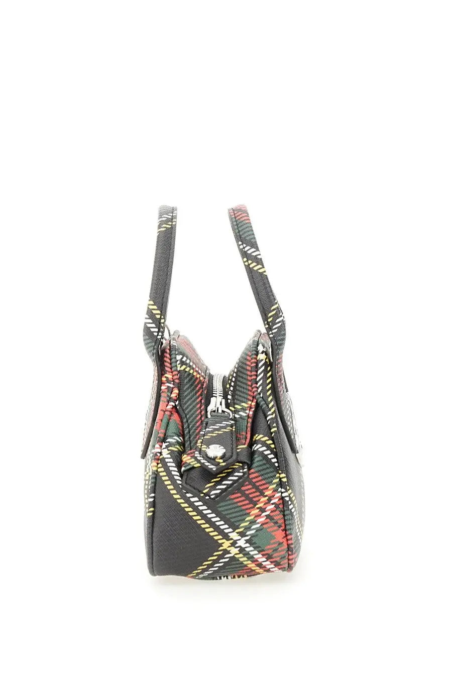 Vivienne westwood unisex mini yasmine bag multicolor with bold red green yellow plaid pattern and matching striped handles