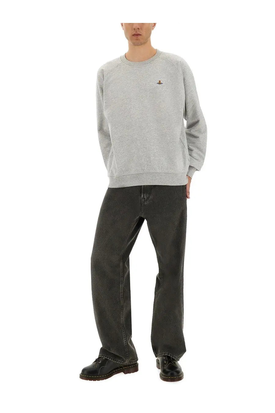 Gray vivienne westwood unisex crewneck sweatshirt with small embroidered logo on left chest in cotton blend fabric