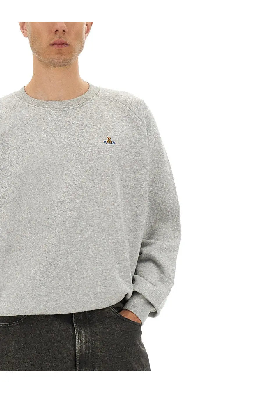Gray heathered Vivienne Westwood unisex crewneck sweatshirt with small embroidered logo on left chest