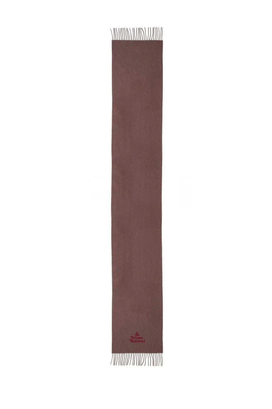 Vivienne Westwood unisex wool scarf in brown solid cashmere with delicate fringe and subtle embroidered logo