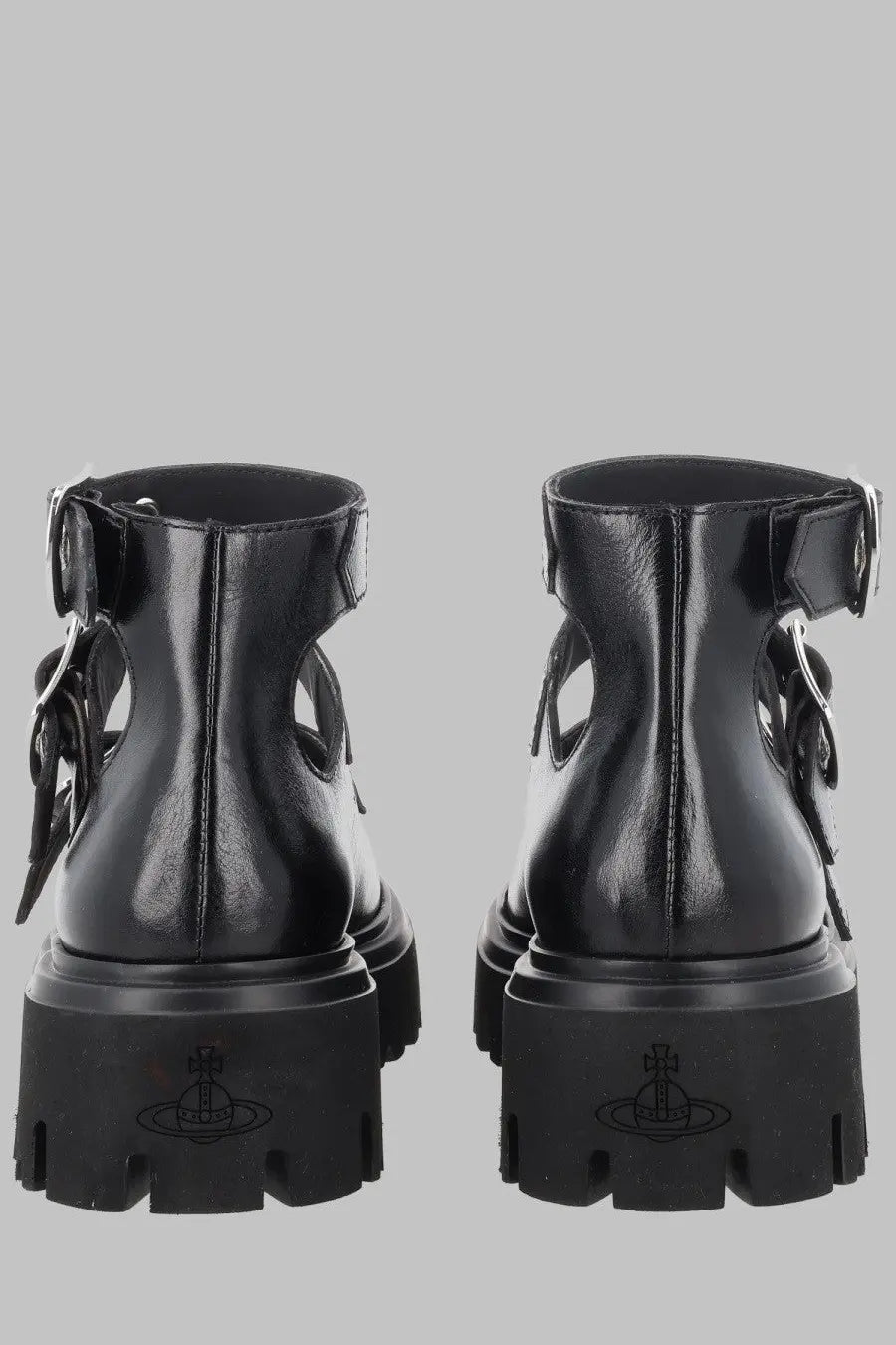 Vivienne westwood women’s anfibio bacchus con fibbie black glossy leather platform boots with chunky soles and ankle straps