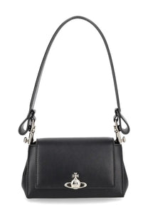 Black leather shoulder bag by Vivienne Westwood with silver orb logo clasp in hazel black color