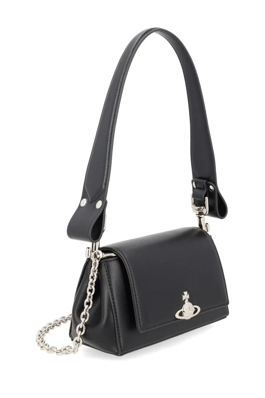 Vivienne Westwood women’s black leather shoulder bag with silver chain and buckle details Hazel model
