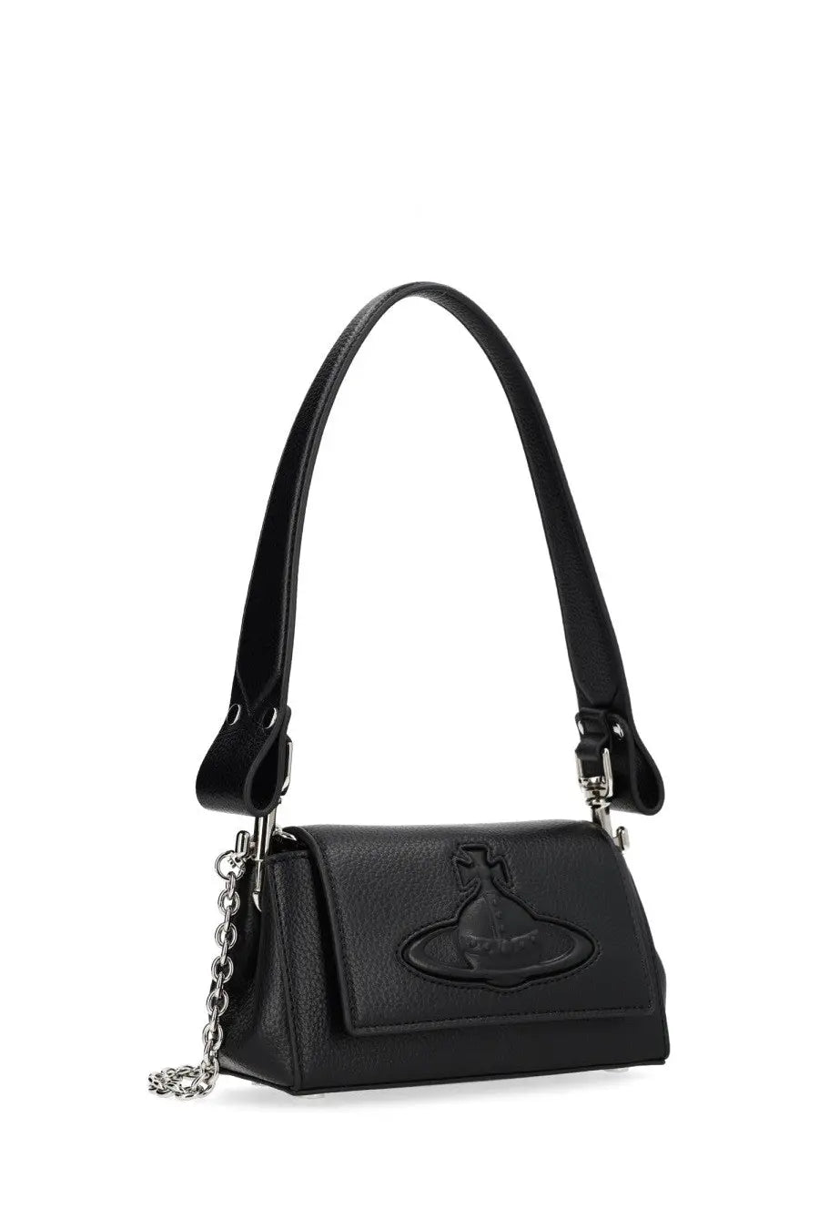 Vivienne Westwood women’s small black leather handbag with silver chain strap and embossed logo front view