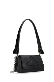 Vivienne Westwood women’s small black leather handbag with silver chain strap and embossed logo front view