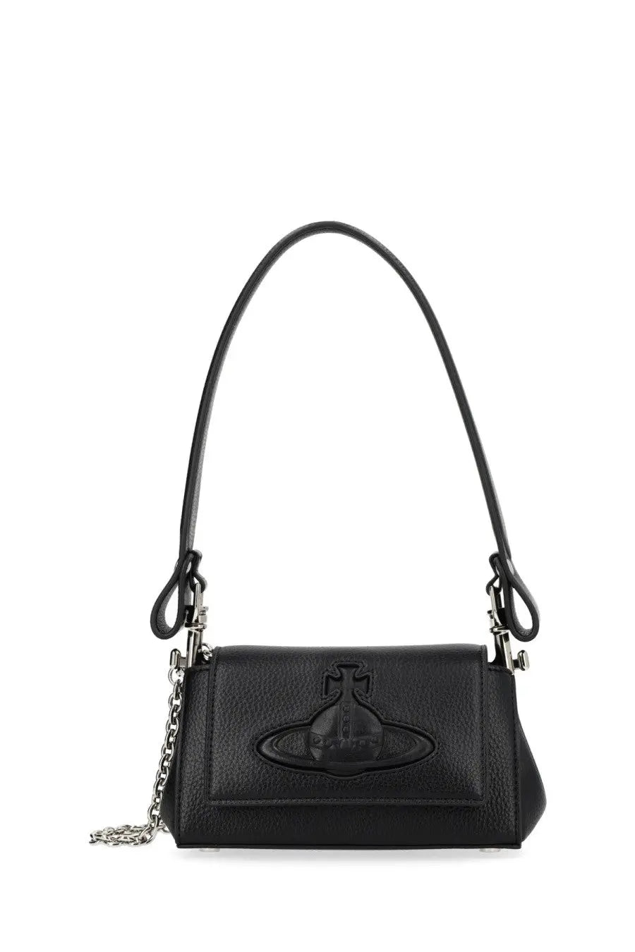 Vivienne Westwood women’s bag Hazel small black textured leather handbag with silver chain and orb logo embossed front