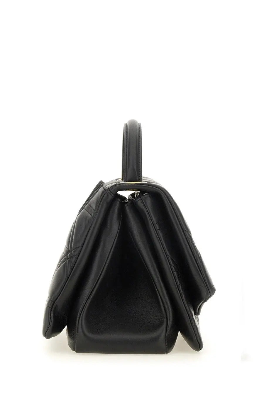Vivienne Westwood women’s black quilted leather handbag with structured triangular silhouette and top handle