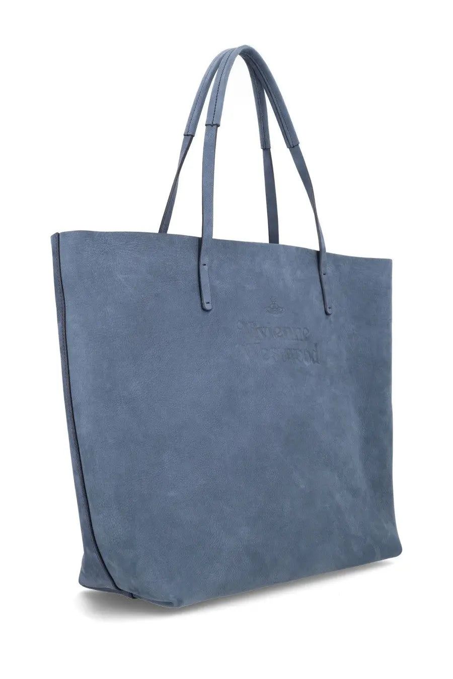 A sleek slate-blue suede tote bag with matching handles and embossed logo by Vivienne Westwood women