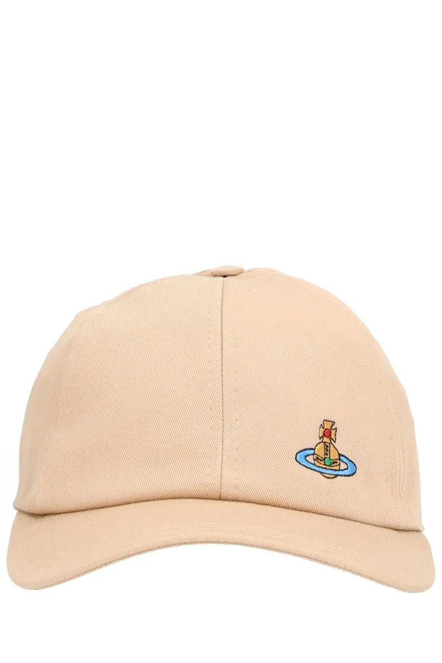 Beige cotton vivienne westwood women’s baseball cap with small embroidered golden figure on blue orbital ring logo