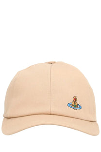 Beige cotton vivienne westwood women’s baseball cap with small embroidered golden figure on blue orbital ring logo