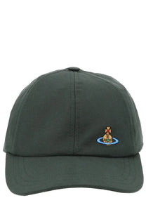 Dark green vivienne westwood women’s baseball cap with small embroidered logo on blue circular base