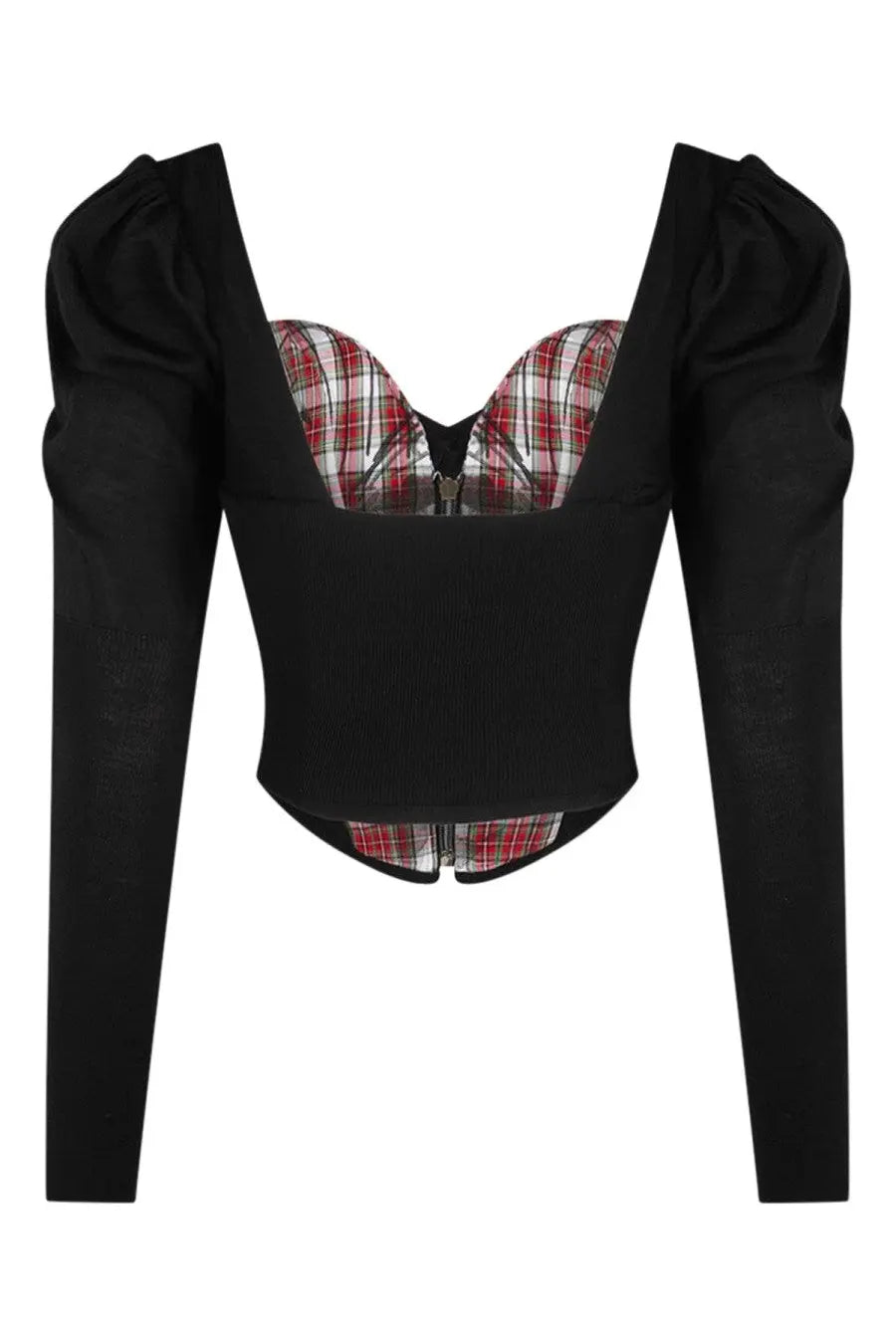 Vivienne westwood women’s bea corset top black long-sleeved crop top with puffed shoulders and red white plaid panel