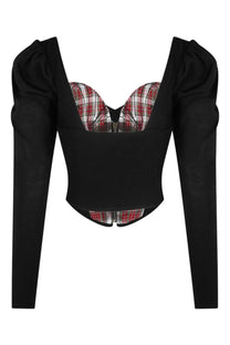 Vivienne westwood women’s bea corset top black long-sleeved crop top with puffed shoulders and red white plaid panel