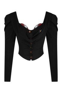 Vivienne Westwood women’s black long-sleeved corset top with puffed shoulders and plaid neckline lining