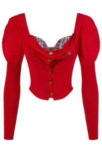 Vivienne Westwood women’s Bea corset top in red cropped knit with puffed sleeves and plaid lining