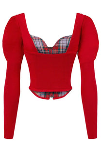 Vivienne Westwood women’s red ribbed knit crop top with puffed sleeves and plaid lining corset top