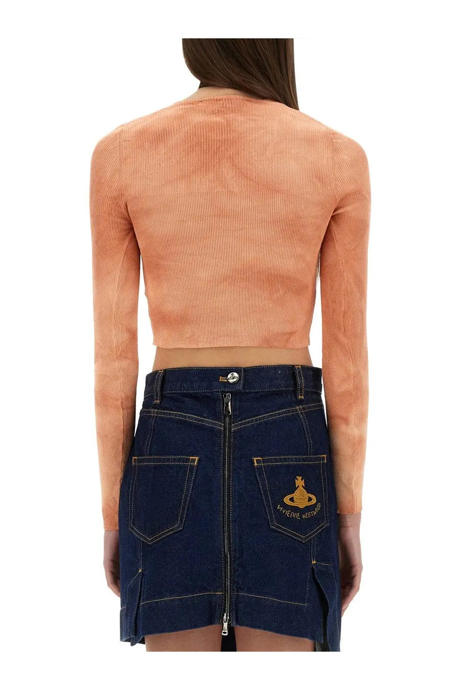Navy blue denim mini skirt with central zipper and gold vivienne westwood embroidery on front pockets
