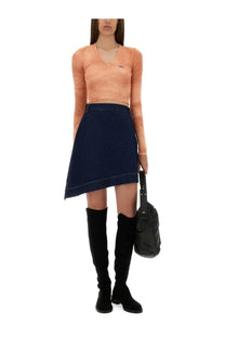 Navy blue denim mini skirt with straight hem and side seam stitching from Vivienne Westwood women’s collection