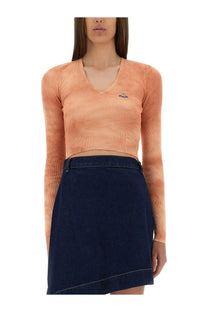 Vivienne westwood women’s bea cropped top in peach ribbed knit with v-neck and embroidered logo on left chest