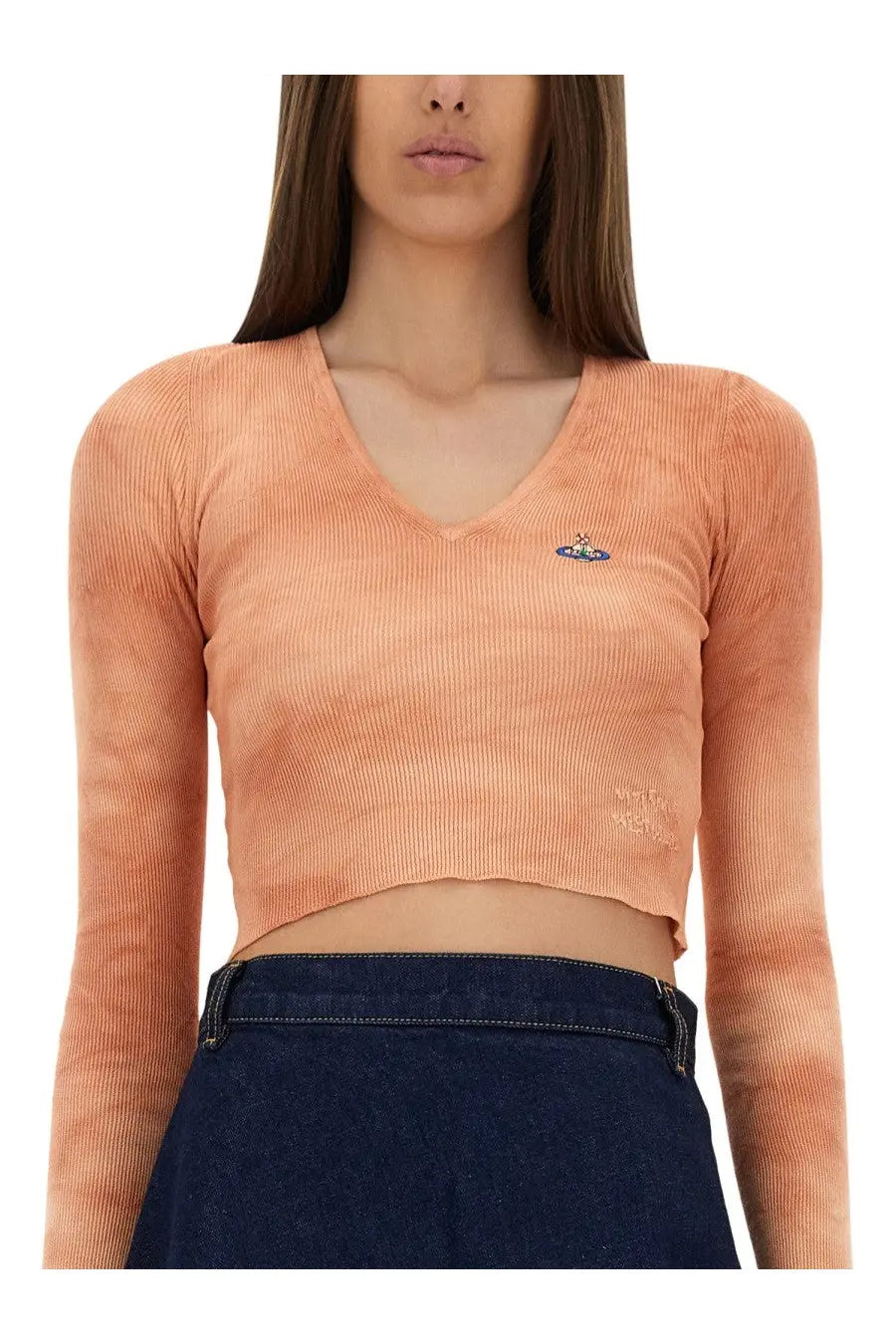 Vivienne Westwood women’s peach-colored ribbed long-sleeve v-neck crop top with small embroidered logo on chest