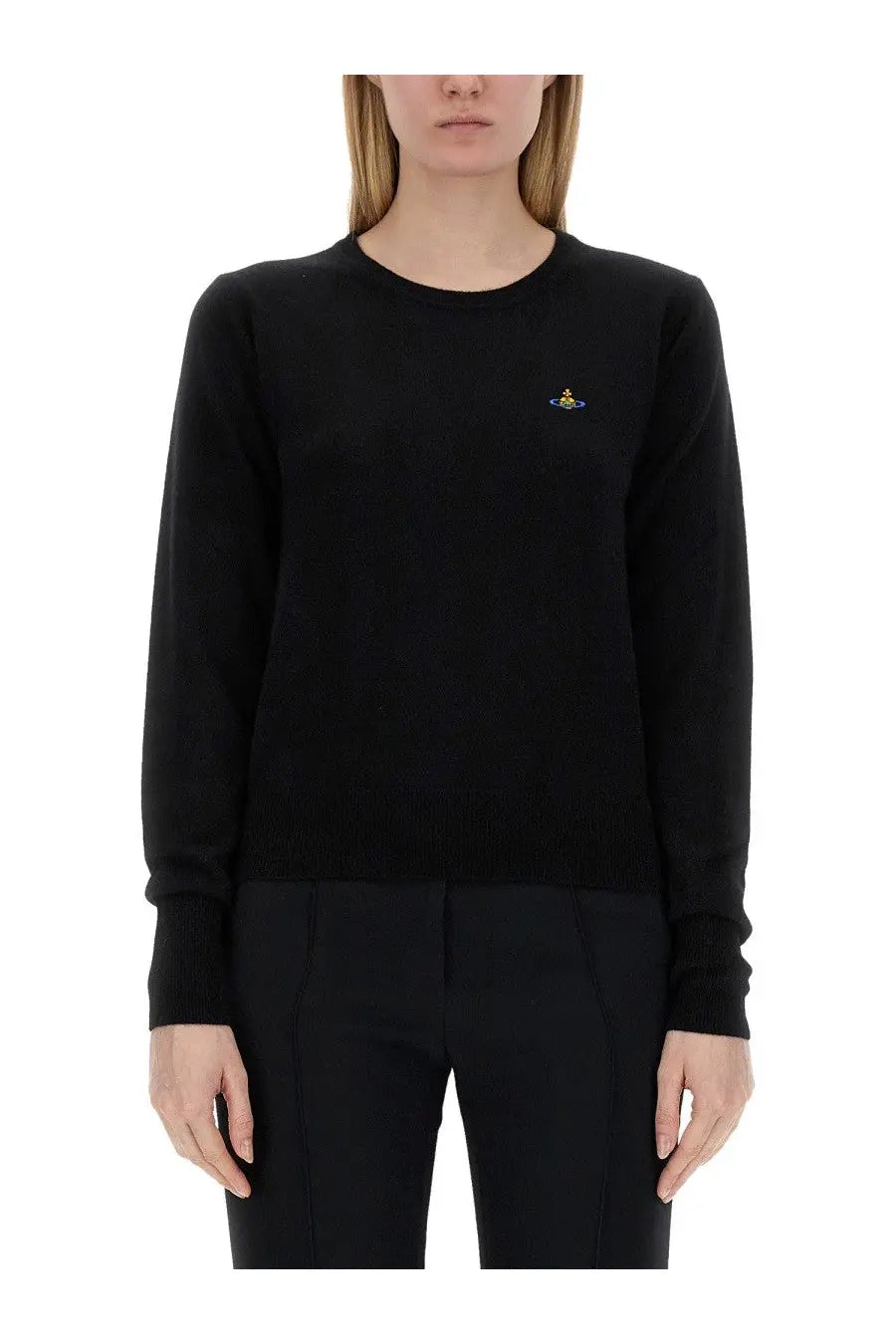 Vivienne Westwood women’s black long-sleeved knit sweater with small embroidered logo on the left chest