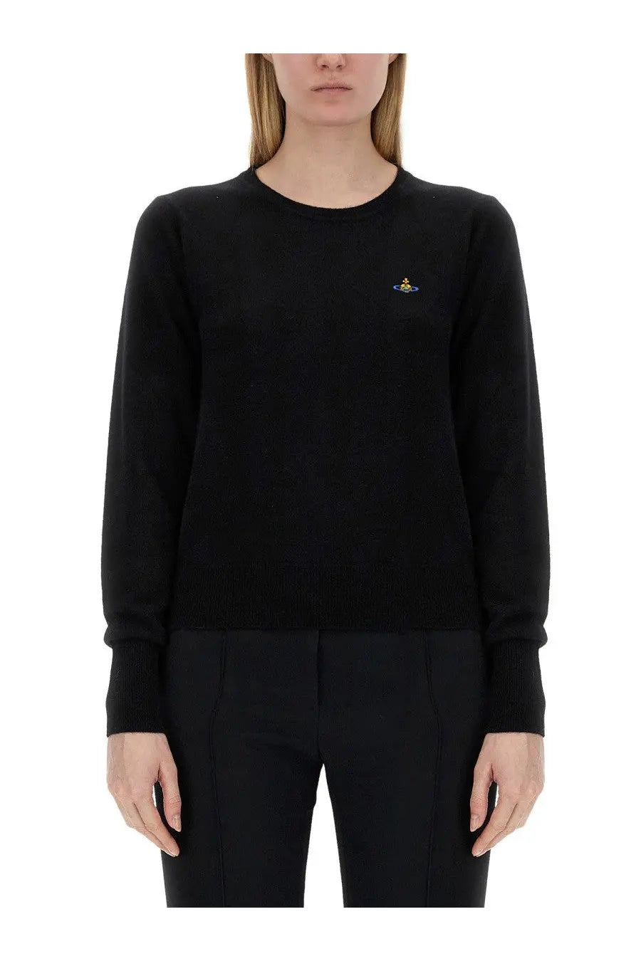 Vivienne Westwood women’s black long-sleeved knit sweater with small embroidered logo on left chest