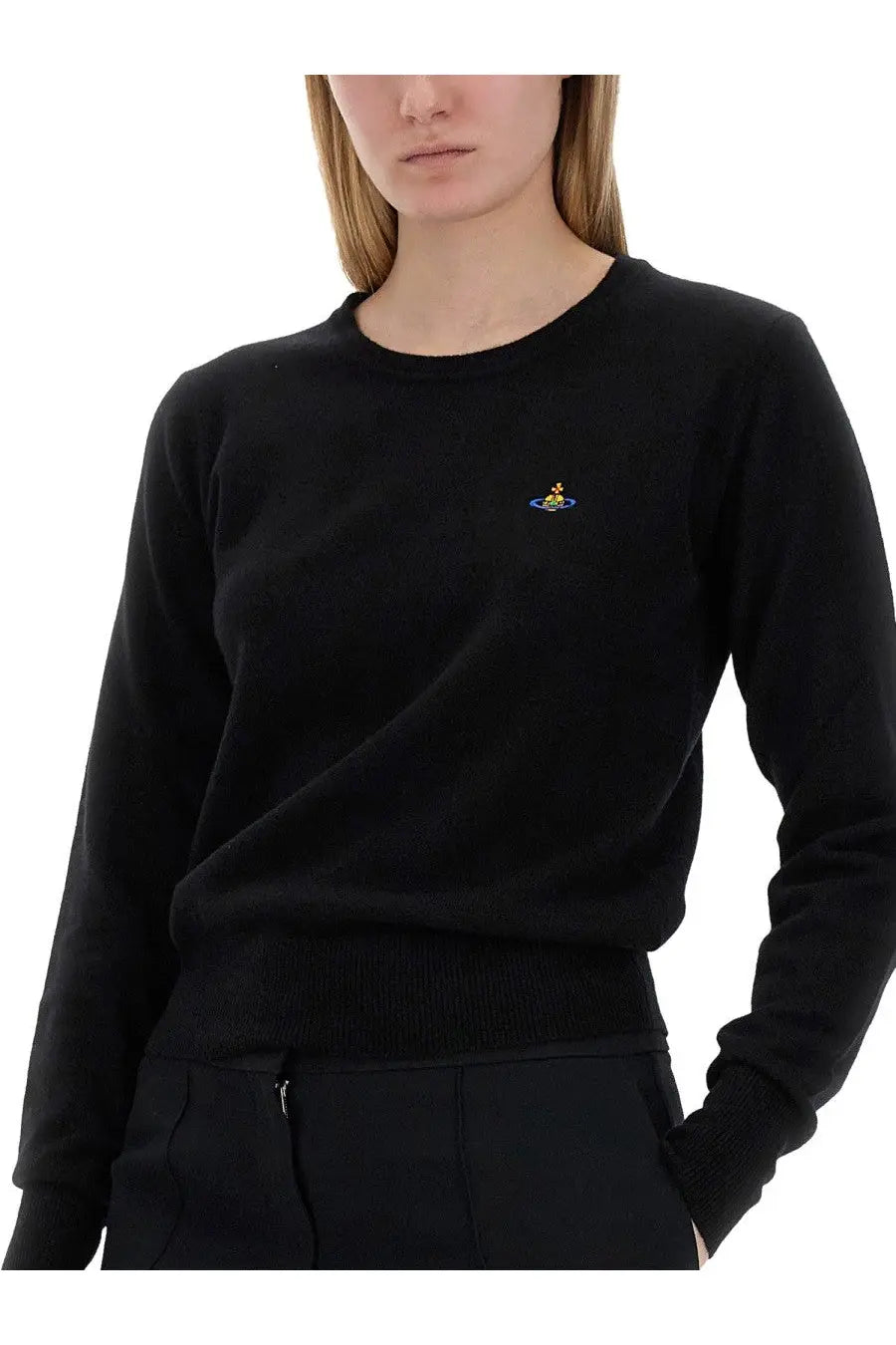 Vivienne Westwood women’s black sweatshirt with small embroidered logo on left chest for casual wear