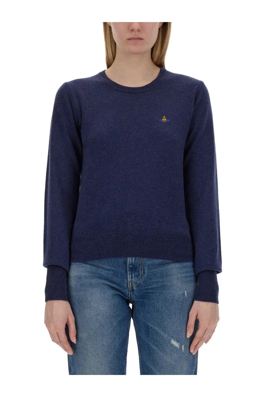 Navy blue vivienne westwood women’s crewneck sweater with small embroidered logo on left chest for casual wear