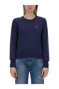Navy blue vivienne westwood women’s crewneck sweater with small embroidered logo on left chest for casual wear