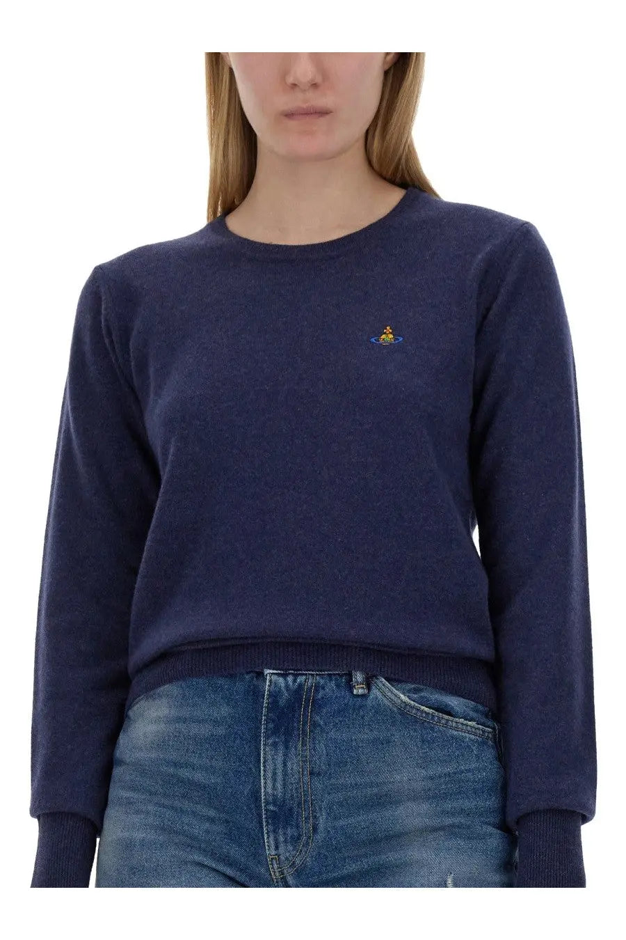 Navy blue Vivienne Westwood women’s Bea shirt crewneck sweater with small embroidered logo on left chest