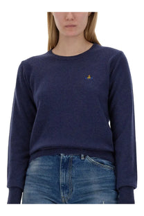 Navy blue Vivienne Westwood women’s Bea shirt crewneck sweater with small embroidered logo on left chest