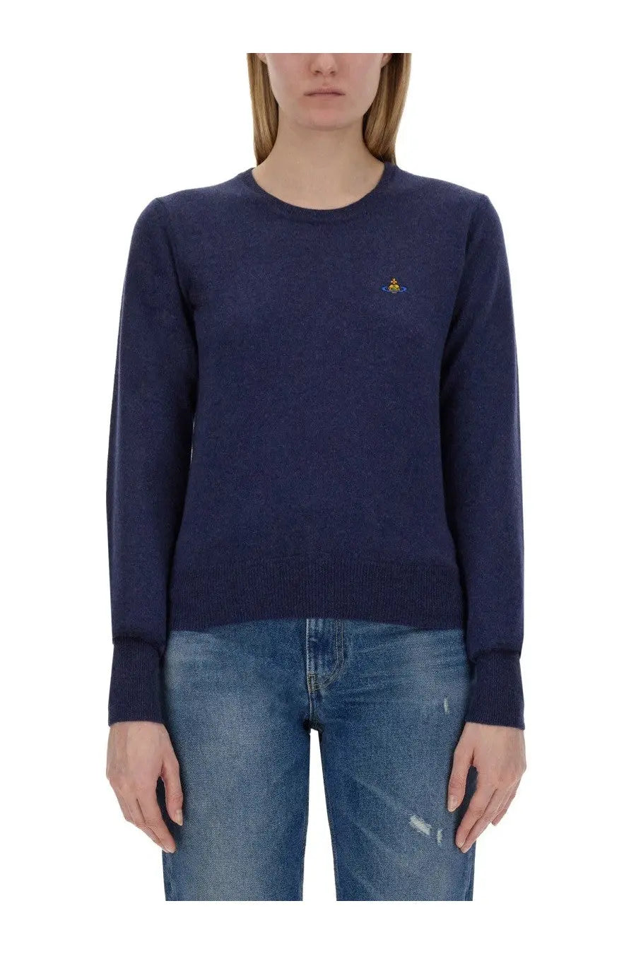 Navy blue Vivienne Westwood women’s Bea shirt crewneck sweater with small embroidered logo on left chest